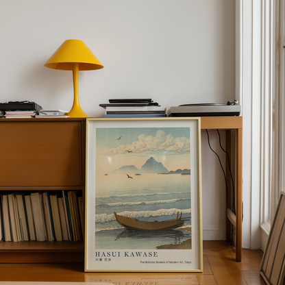 Hasui Kawase Japanese Woodblock Print, Fishing Boat on the Shore with Distant Mountains, Vintage Japanese Coastal Art