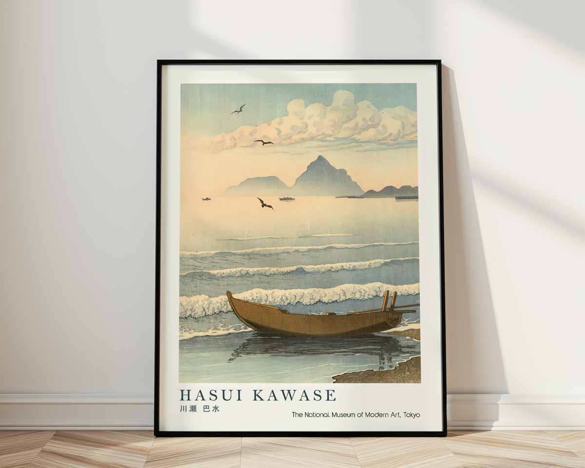 Hasui Kawase Japanese Woodblock Print, Fishing Boat on the Shore with Distant Mountains, Vintage Japanese Coastal Art