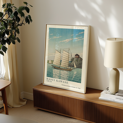 Hasui Kawase Japanese Woodblock Print, Traditional Sailing Boats & Coastal Castle, Vintage Japanese Seascape Art Poster