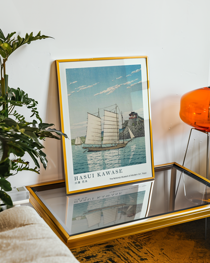 Hasui Kawase Japanese Woodblock Print, Traditional Sailing Boats & Coastal Castle, Vintage Japanese Seascape Art Poster