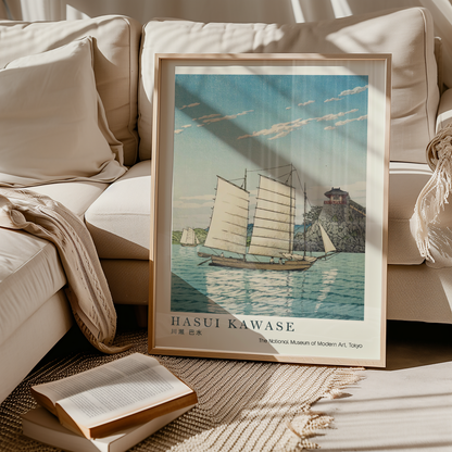 Hasui Kawase Japanese Woodblock Print, Traditional Sailing Boats & Coastal Castle, Vintage Japanese Seascape Art Poster