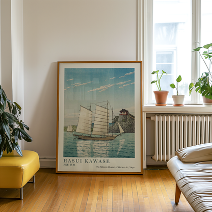 Hasui Kawase Japanese Woodblock Print, Traditional Sailing Boats & Coastal Castle, Vintage Japanese Seascape Art Poster