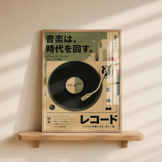 Vintage Turntable Poster, Japanese Record Player Wall Art, Retro Vinyl Decor, Analog Music Print, Hi-Fi Audio Poster, Mid Century Style