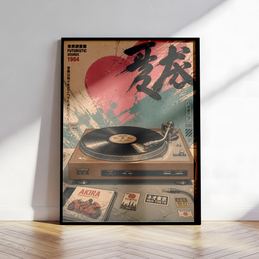 Vintage Turntable Poster, 80s Tokyo Vinyl Wall Art, Futuristic Music Print, Japanese Retro Audio Decor, Record Player Poster, Synthwave