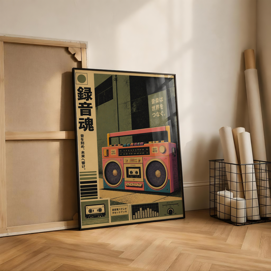 Vintage Boombox Poster, Retro Cassette Player Wall Art, 80s Music Decor, Japanese Audio Print, Hip Hop Room Art, Retro Stereo Poster