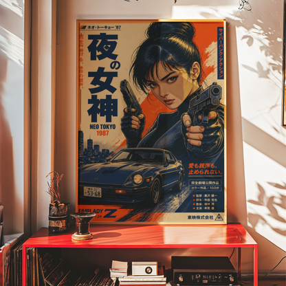 Night Goddess Neo Tokyo Action Poster, Japanese Cyberpunk Girl Wall Art, Retro 1980s Racing Car, Anime Movie Aesthetic, Garage Decor