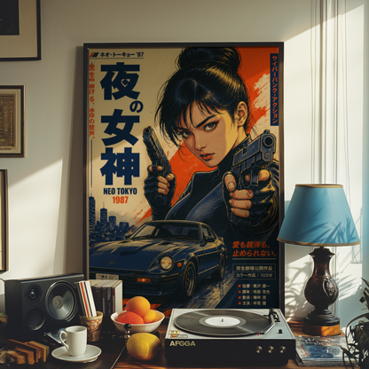 Night Goddess Neo Tokyo Action Poster, Japanese Cyberpunk Girl Wall Art, Retro 1980s Racing Car, Anime Movie Aesthetic, Garage Decor