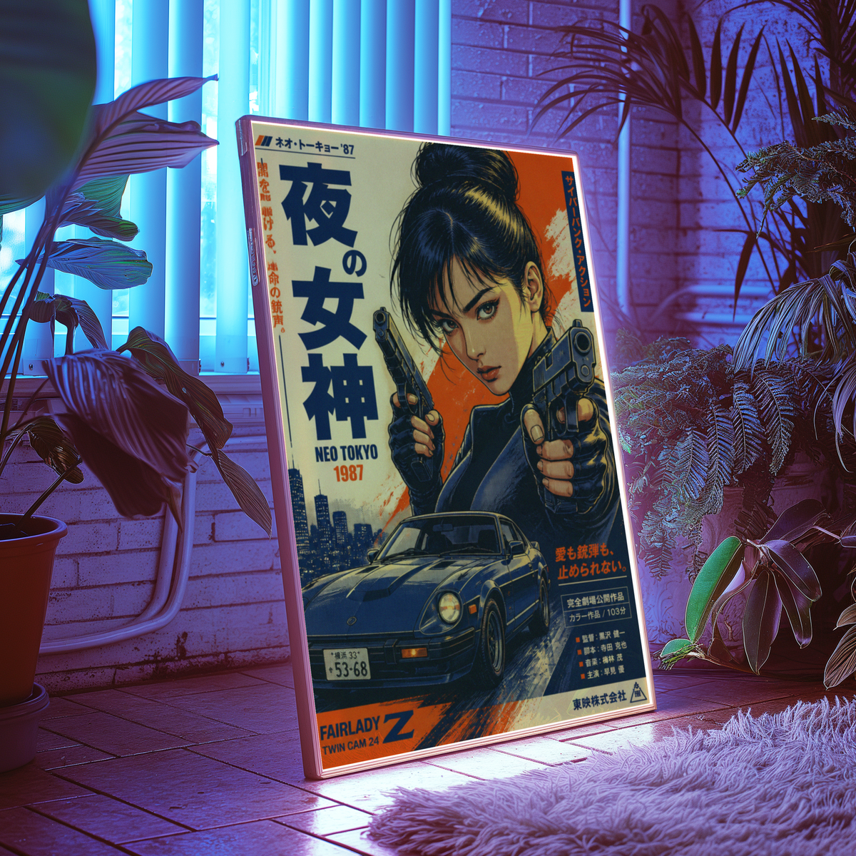 Night Goddess Neo Tokyo Action Poster, Japanese Cyberpunk Girl Wall Art, Retro 1980s Racing Car, Anime Movie Aesthetic, Garage Decor