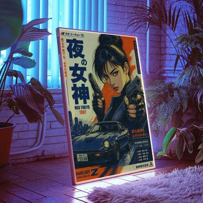 Night Goddess Neo Tokyo Action Poster, Japanese Cyberpunk Girl Wall Art, Retro 1980s Racing Car, Anime Movie Aesthetic, Garage Decor