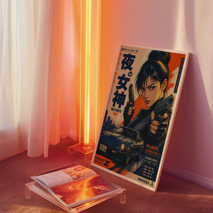 Night Goddess Neo Tokyo Action Poster, Japanese Cyberpunk Girl Wall Art, Retro 1980s Racing Car, Anime Movie Aesthetic, Garage Decor