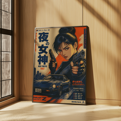 Night Goddess Neo Tokyo Action Poster, Japanese Cyberpunk Girl Wall Art, Retro 1980s Racing Car, Anime Movie Aesthetic, Garage Decor