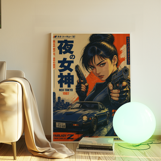 Night Goddess Neo Tokyo Action Poster, Japanese Cyberpunk Girl Wall Art, Retro 1980s Racing Car, Anime Movie Aesthetic, Garage Decor
