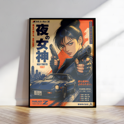 Night Goddess Neo Tokyo Action Poster, Japanese Cyberpunk Girl Wall Art, Retro 1980s Racing Car, Anime Movie Aesthetic, Garage Decor