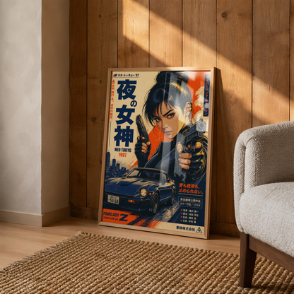 Night Goddess Neo Tokyo Action Poster, Japanese Cyberpunk Girl Wall Art, Retro 1980s Racing Car, Anime Movie Aesthetic, Garage Decor