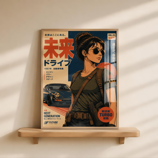 Future Drive Retro Futurism Poster, 1980s Japanese Car Wall Art, Cyberpunk Girl, Vintage Racing Aesthetic, Neo Tokyo Garage Decor