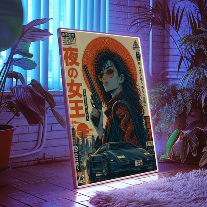 Neon Outlaw Cyberpunk Girl Poster, Neo Tokyo Retro Futuristic Wall Art, Japanese 80s Aesthetic, Anime Street Racing Garage Decor