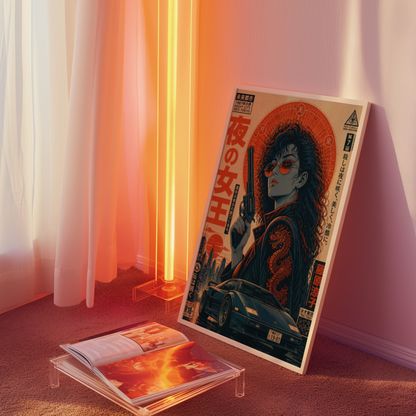 Neon Outlaw Cyberpunk Girl Poster, Neo Tokyo Retro Futuristic Wall Art, Japanese 80s Aesthetic, Anime Street Racing Garage Decor