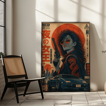 Neon Outlaw Cyberpunk Girl Poster, Neo Tokyo Retro Futuristic Wall Art, Japanese 80s Aesthetic, Anime Street Racing Garage Decor