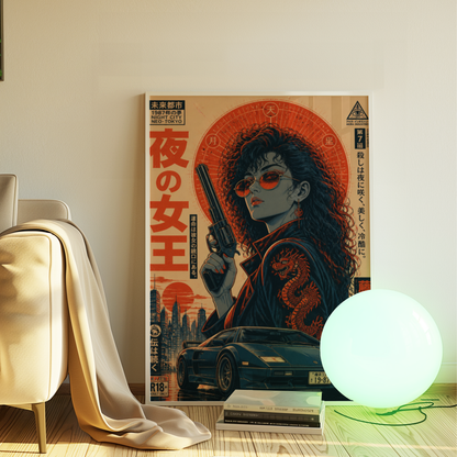 Neon Outlaw Cyberpunk Girl Poster, Neo Tokyo Retro Futuristic Wall Art, Japanese 80s Aesthetic, Anime Street Racing Garage Decor