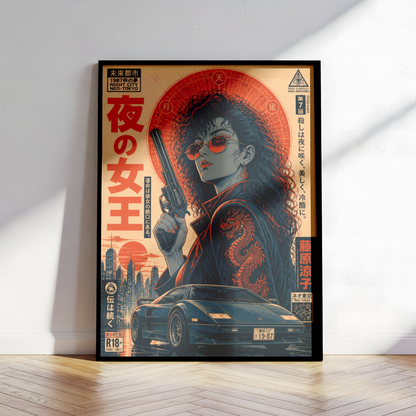 Neon Outlaw Cyberpunk Girl Poster, Neo Tokyo Retro Futuristic Wall Art, Japanese 80s Aesthetic, Anime Street Racing Garage Decor