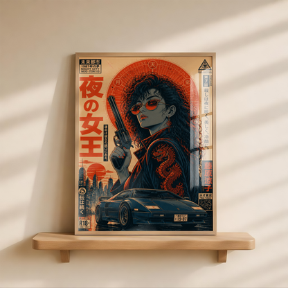 Neon Outlaw Cyberpunk Girl Poster, Neo Tokyo Retro Futuristic Wall Art, Japanese 80s Aesthetic, Anime Street Racing Garage Decor