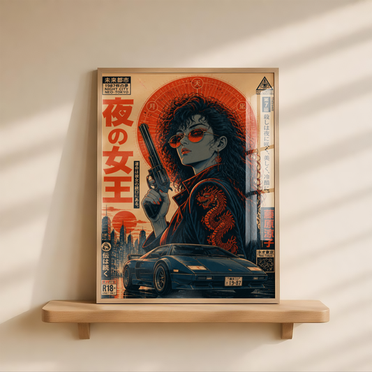 Neon Outlaw Cyberpunk Girl Poster, Neo Tokyo Retro Futuristic Wall Art, Japanese 80s Aesthetic, Anime Street Racing Garage Decor