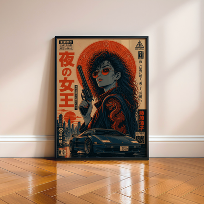 Neon Outlaw Cyberpunk Girl Poster, Neo Tokyo Retro Futuristic Wall Art, Japanese 80s Aesthetic, Anime Street Racing Garage Decor