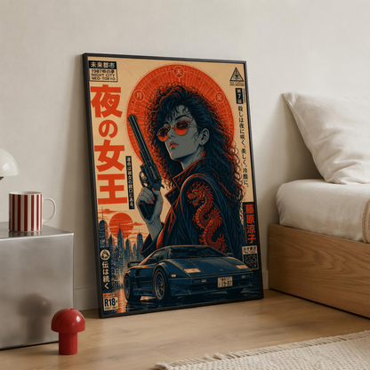 Neon Outlaw Cyberpunk Girl Poster, Neo Tokyo Retro Futuristic Wall Art, Japanese 80s Aesthetic, Anime Street Racing Garage Decor