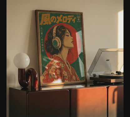 Vintage Japanese Music Poster, Woman Wearing Headphones, Retro Vinyl Era Wall Art
