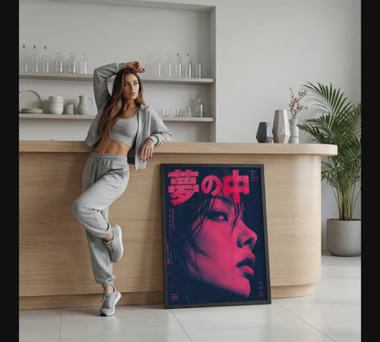 Tokyo Dream Poster, Pink and Navy Japanese Pop Art Portrait, High Contrast Retro Wall Art