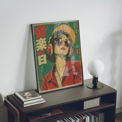 Japanese Pop Art Music Poster, Woman with Headphones and Sunglasses, Retro Portrait Wall Decor