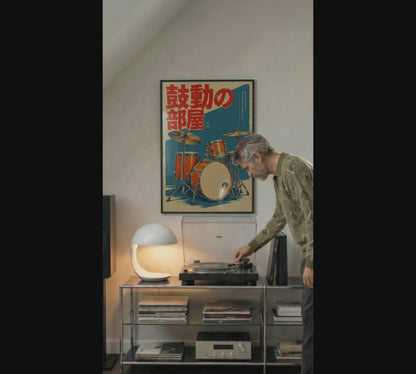Japanese Drum Kit Poster, Orange Vintage Acoustic Drums on Blue, Retro Music Studio Wall Art
