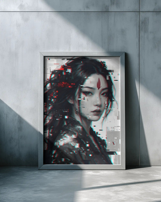 Minimalist frame with cyberpunk glitch art portrait on modern concrete wall